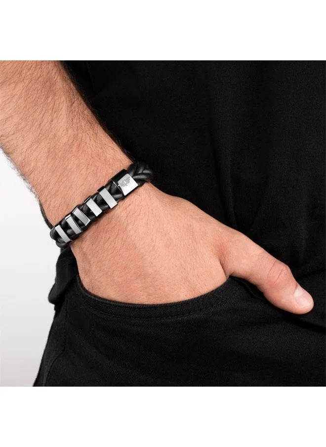 POLICE Gear Black Braided Leather Bracelet for Men's