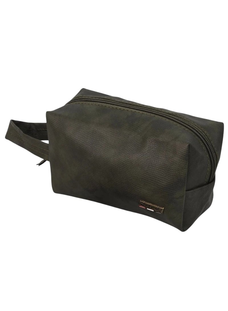 Force Unisex Leather Toiletry & Accessory Travel Bag (Dark Olive) - FCM-001 - Compact Travel Organizer Pouch with Sturdy Side Handle - 18 x 10 x 8 cm - Image 1