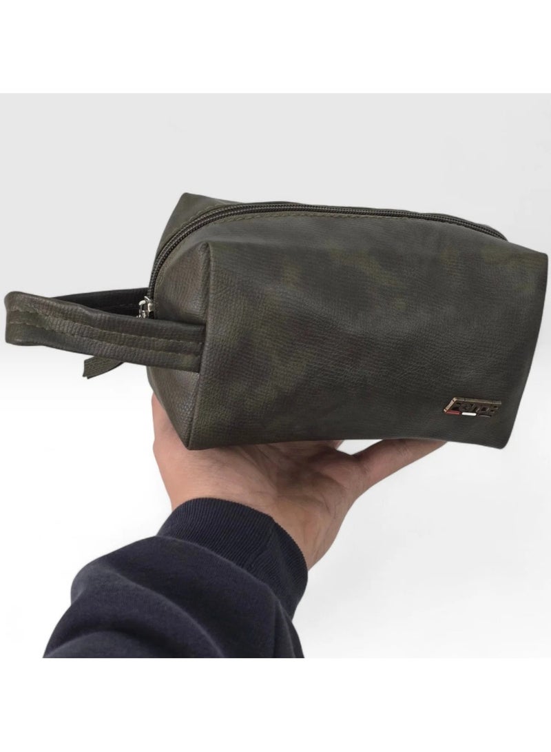 Force Unisex Leather Toiletry & Accessory Travel Bag (Dark Olive) - FCM-001 - Compact Travel Organizer Pouch with Sturdy Side Handle - 18 x 10 x 8 cm - Image 3