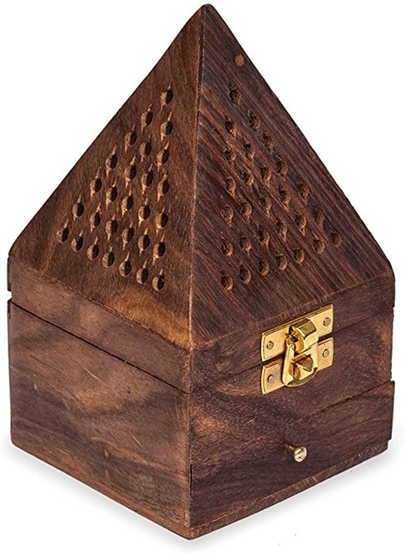 QUESERA Wooden Incense Holder Temple Decoration Pyramid Incense Box Fragrance Stand Holder  9 x 9 x 15 cm  - Image 2