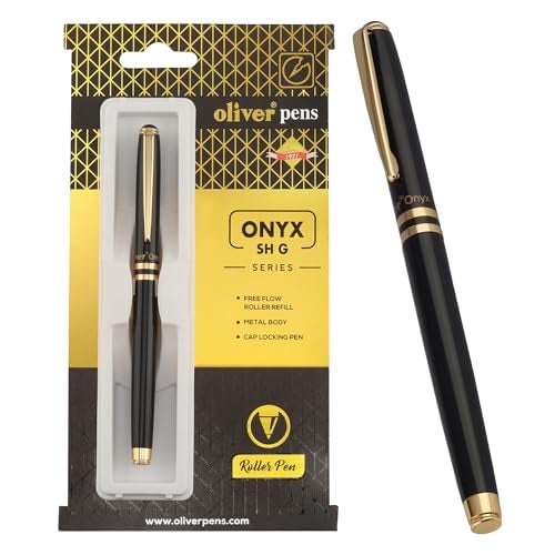 Oliver Onyx SH G Roller Pen – 0.6mm Schmidt Refill, Full Brass Body, Cap Locking, Glossy Black Finish with Black Chrome Trims - Image 2