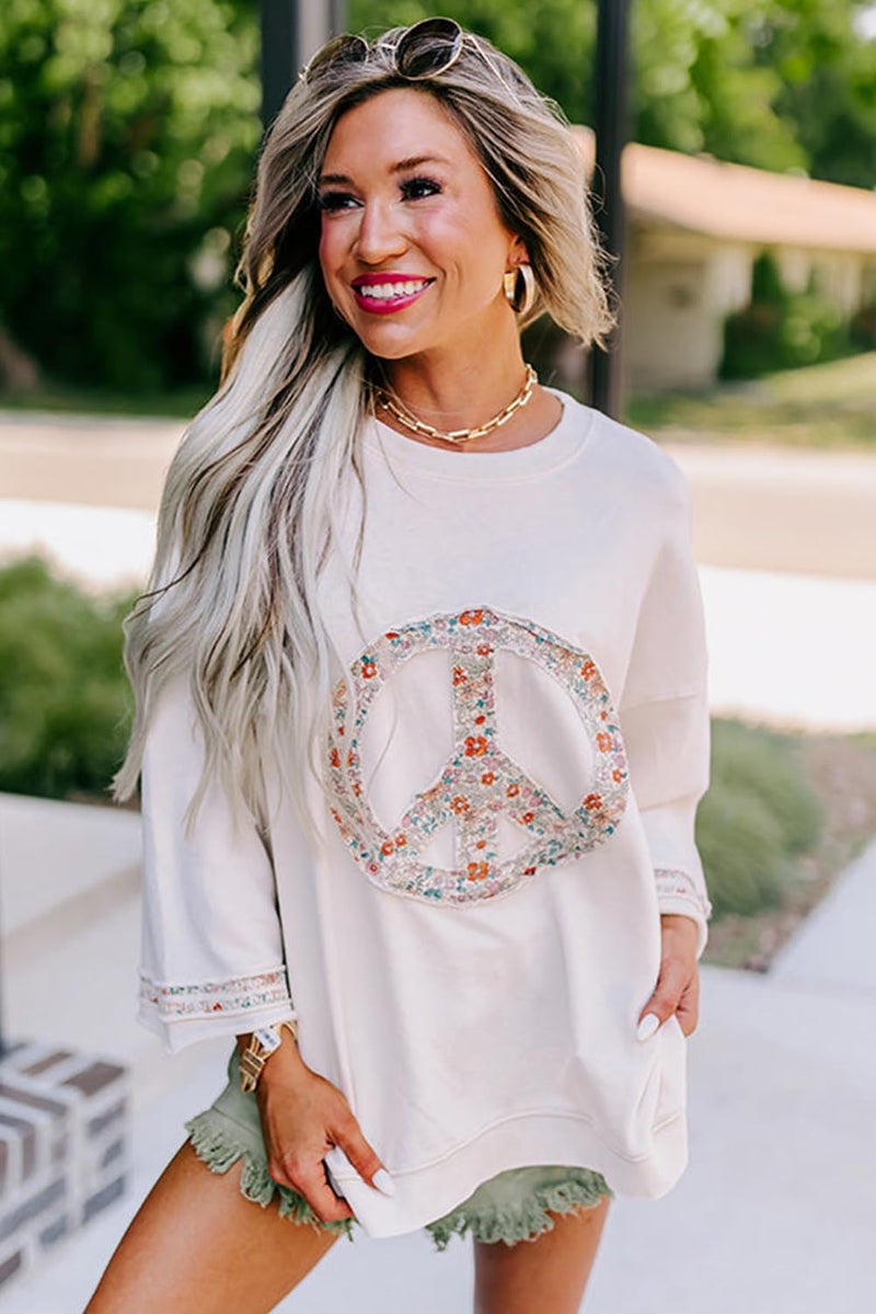 KevaMolly Womens Floral Peace Symbol Drop Shoulder Sweatshirt Oversize Crewneck Casual Pullover (Runs Large, Size Down) Jet Stream-M - Image 3