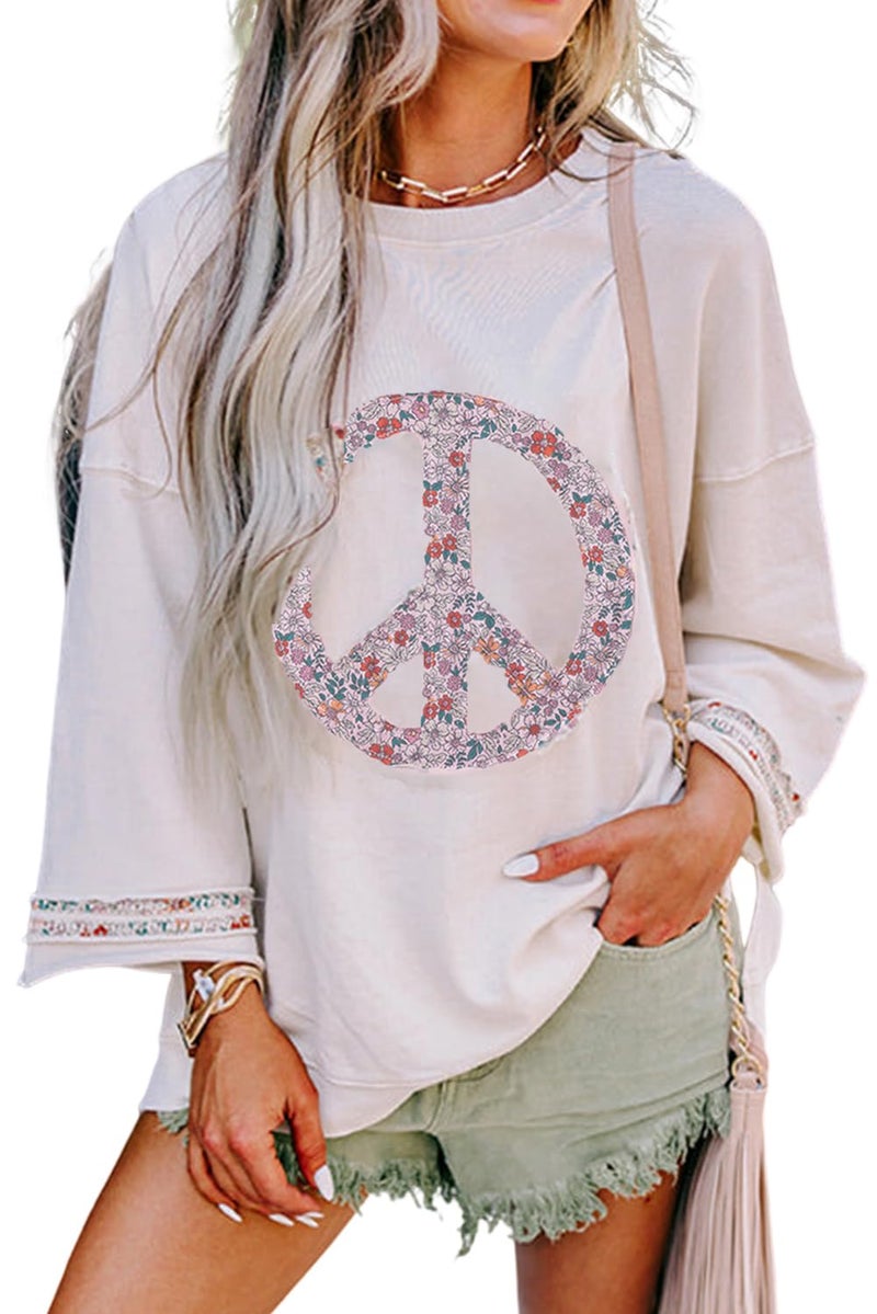 KevaMolly Womens Floral Peace Symbol Drop Shoulder Sweatshirt Oversize Crewneck Casual Pullover (Runs Large, Size Down) Jet Stream-M - Image 1