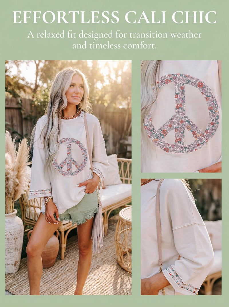 KevaMolly Womens Floral Peace Symbol Drop Shoulder Sweatshirt Oversize Crewneck Casual Pullover (Runs Large, Size Down) Jet Stream-M - Image 4