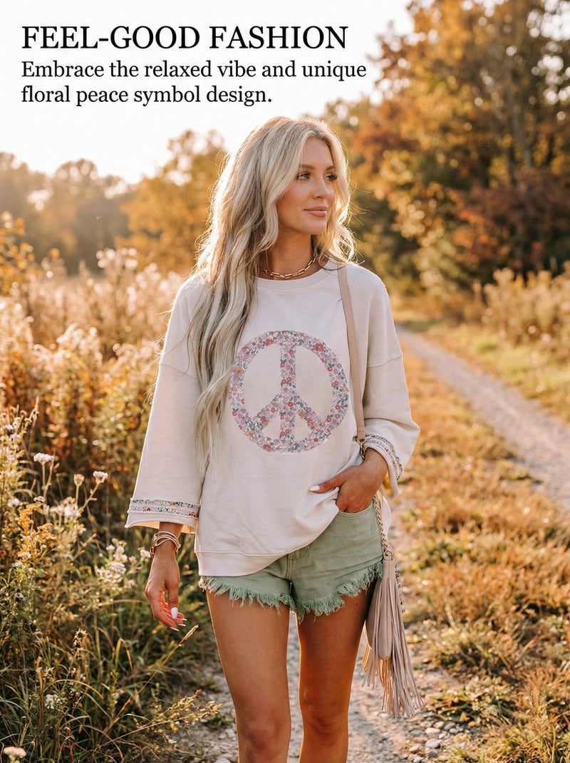 KevaMolly Womens Floral Peace Symbol Drop Shoulder Sweatshirt Oversize Crewneck Casual Pullover (Runs Large, Size Down) Jet Stream-M - Image 2