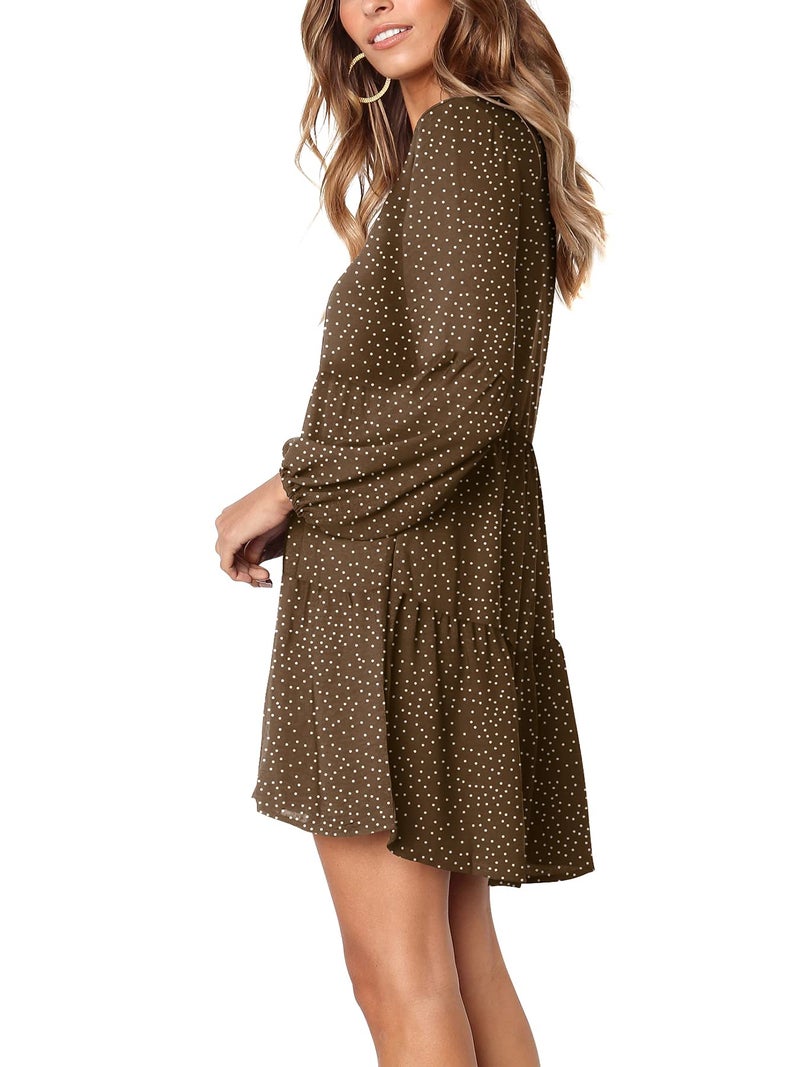 Amoretu Womens Long Sleeve Casual V Neck Loose Swing Tunic Dress Polka Dot, Summer, Fall, 2025 (Coffee, XXL) - Image 2