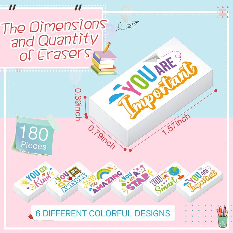 Resurhang 180 Pcs Inspirational Erasers for Kids Pencil Erasers Bulk with Colored Inspirational Words Motivational Eraser for Classrooms Drawing Sketching Back to School Office Supplies(Cute) - Image 2