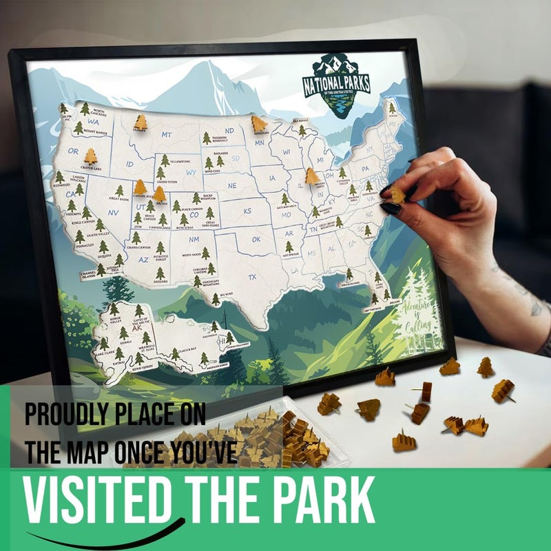 flinelife National Parks Map With Wooden Pine Tree Pins, 12X10, National Park Bucket List Cork Map, Perfect for National Parks Lovers, Hiker, Couples and Families Gift - Image 2