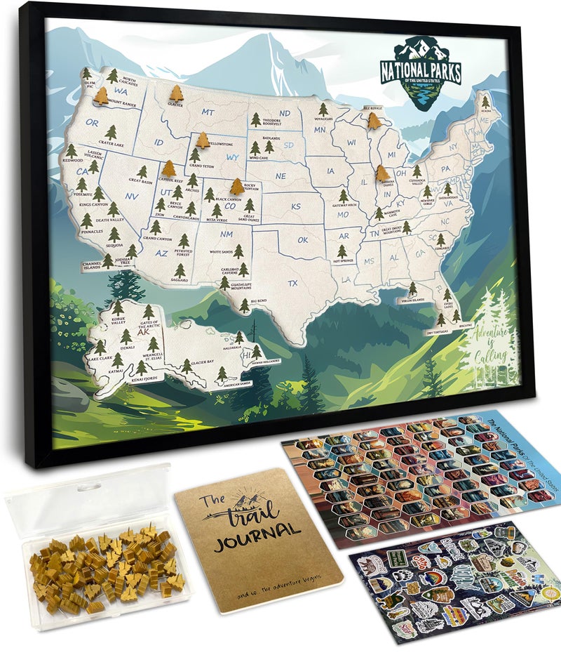 flinelife National Parks Map With Wooden Pine Tree Pins, 12X10, National Park Bucket List Cork Map, Perfect for National Parks Lovers, Hiker, Couples and Families Gift - Image 1
