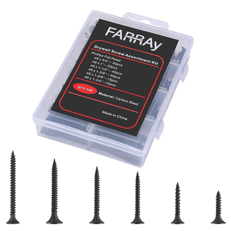 FARRAY #6 Drywall Screws, 150pcs Phillips Wood Screws Assortment Kit, Carbon Steel Black Self Tapping Screws, Screw Set for Drywall Sheetrock, Furniture - Image 1