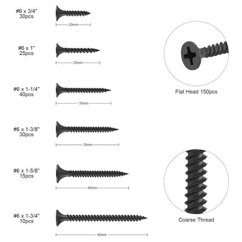 FARRAY #6 Drywall Screws, 150pcs Phillips Wood Screws Assortment Kit, Carbon Steel Black Self Tapping Screws, Screw Set for Drywall Sheetrock, Furniture - Image 2