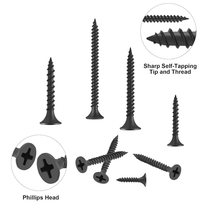 FARRAY #6 Drywall Screws, 150pcs Phillips Wood Screws Assortment Kit, Carbon Steel Black Self Tapping Screws, Screw Set for Drywall Sheetrock, Furniture - Image 5
