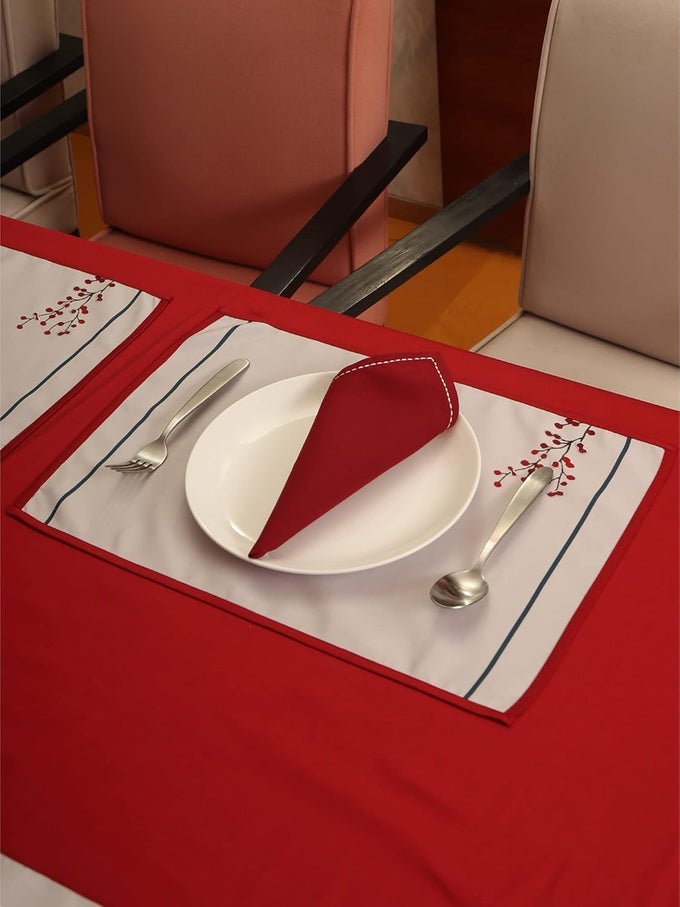 FLORAL EMBROIDERED PLACEMAT/TABLEMATS AND DINNER NAPKINS SET | COTTON - RED AND WHITE| SET OF 6 MATS 13X18 IN & SET OF 6 DINING NAPKINS 16X16IN | (33X45 CMS, 40X40 CMS)