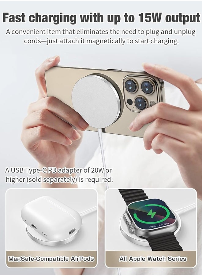 3 in 1 Magnetic Wireless Charging Pad for iPhone 12-16 Series, Charging Pad for Multiple Devices Mag Safe Wireless Charger Pad for Apple Watch 9/8/7/6/5/4/3/2/SE & AirPods 3/2/Pro(Silver)