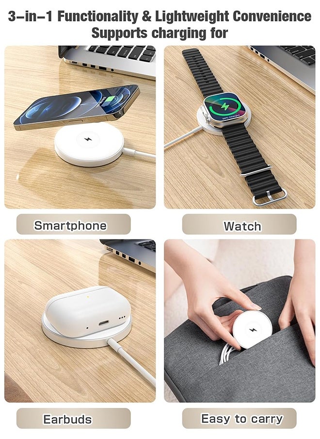 3 in 1 Magnetic Wireless Charging Pad for iPhone 12-16 Series, Charging Pad for Multiple Devices Mag Safe Wireless Charger Pad for Apple Watch 9/8/7/6/5/4/3/2/SE & AirPods 3/2/Pro(Silver)