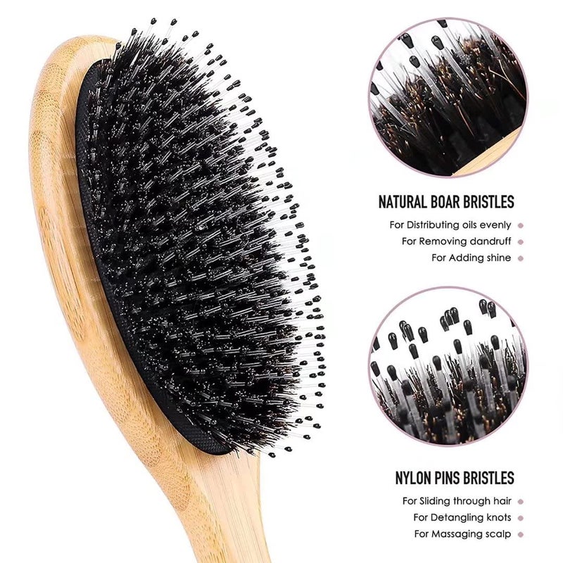 Bsisme Hair Brush Comb Set Boar Bristle Hairbrush for Curly Thick Long Fine Dry Wet Hair,Best Travel Bamboo Paddle Detangler Detangling Hair Brushes for Women Men Kids Adding Shine Smoothing Hair - Image 2