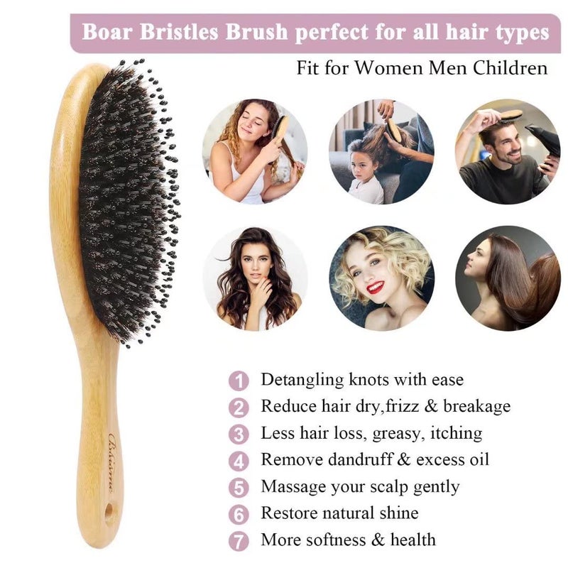 Bsisme Hair Brush Comb Set Boar Bristle Hairbrush for Curly Thick Long Fine Dry Wet Hair,Best Travel Bamboo Paddle Detangler Detangling Hair Brushes for Women Men Kids Adding Shine Smoothing Hair - Image 4