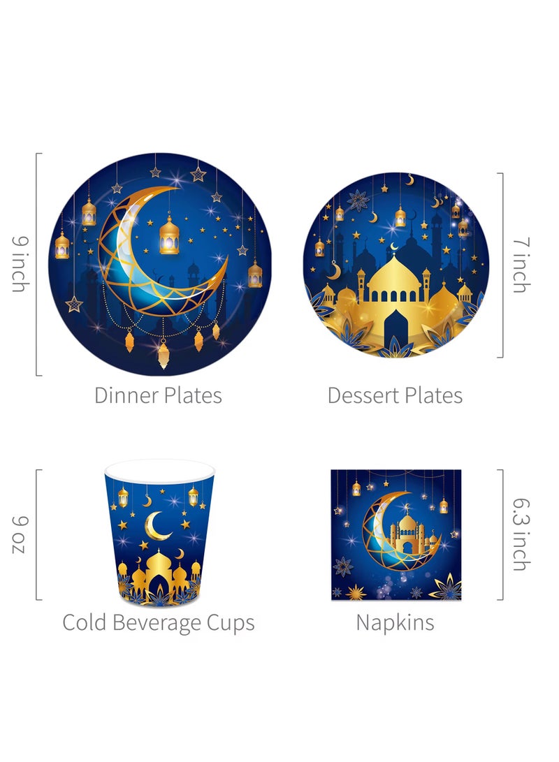 64 Pieces Ramadan Eid Mubarak Party Paper Tableware Set Blue For 8 Guests  - Image 2