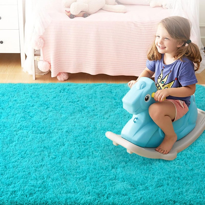 ISEAU 4x6 Area Rug for Living Room, Teal Blue Rugs for Bedroom, Kitchen, Soft Shaggy Carpets, Fluffy and Machine Washable Mats, Under Bed, On Nursery Floors Mat, Boys, Girls Room Carpet Decor - Image 4
