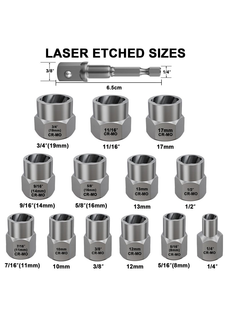 Topec Topec 13+1 Piece Impact Bolt & Nut Remover Set - 3/8" Drive with Nut Extractor Socket, Hex Adapter, and Bolt Remover Tool for Damaged, Rusted, or Rounded-Off Bolts, Nuts, and Screws  - Image 2