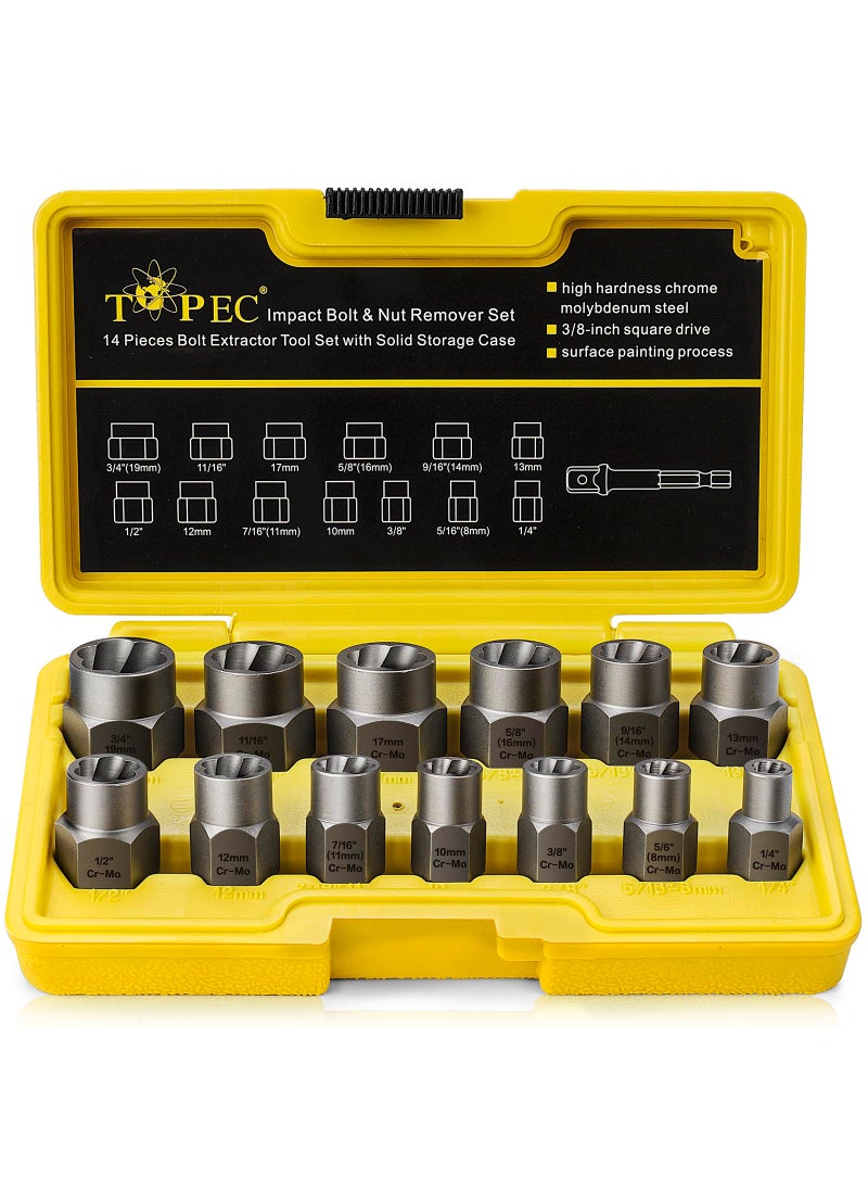Topec Topec 13+1 Piece Impact Bolt & Nut Remover Set - 3/8" Drive with Nut Extractor Socket, Hex Adapter, and Bolt Remover Tool for Damaged, Rusted, or Rounded-Off Bolts, Nuts, and Screws  - Image 1