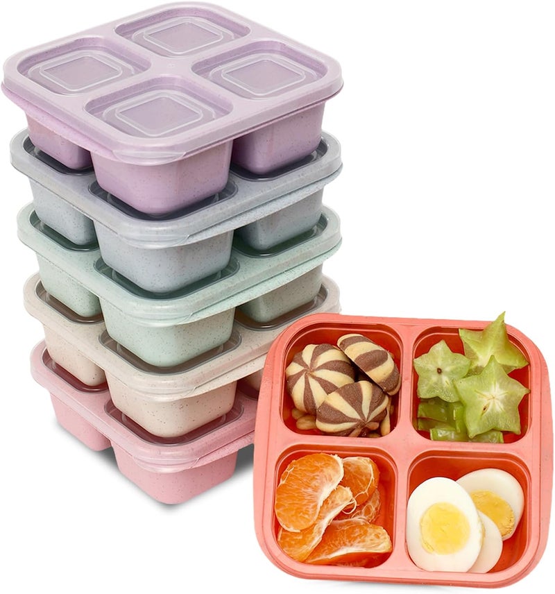 BE OVER QUALITY 6 Pack Snack Containers, 4 Compartment Divided Snack Container for Kids, Bento Snack Box for Adults, Reusable Meal Prep Lunch Containers, Microwave Safe, Small Bento Box for Work Travel - Image 1