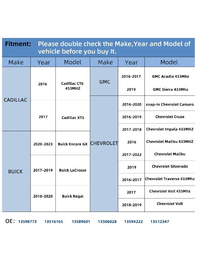 Topleo TPMS Sensor Replacement for Chevrolet GMC Cadillac Buick,433MHz Tire Pressure Monitoring System OE Number 13598773 13594222 (4PCS) - Image 2