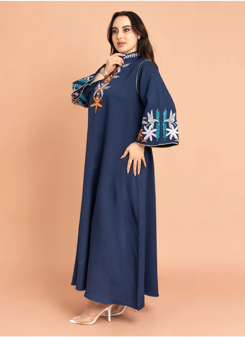 IKKXA Solid Embroidery Elegant Jalabiya Blue