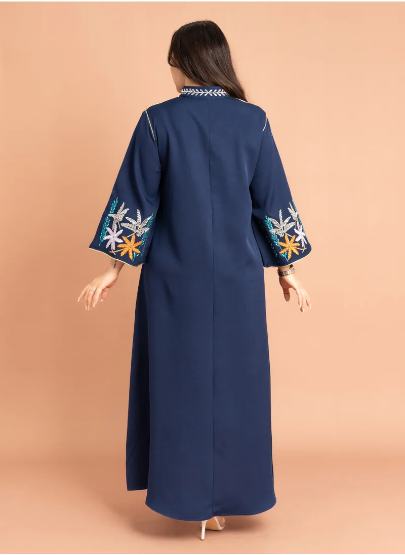 IKKXA Solid Embroidery Elegant Jalabiya Blue