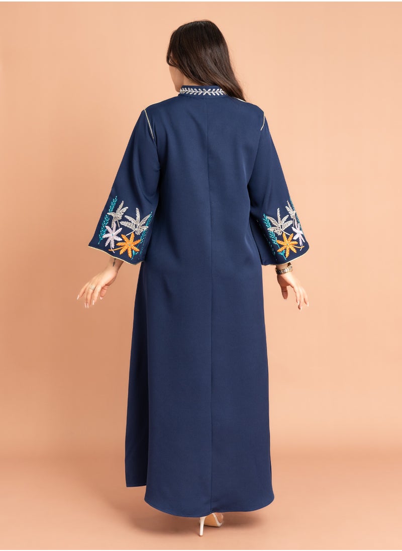 IKKXA Solid Embroidery Elegant Jalabiya Blue  - Image 4