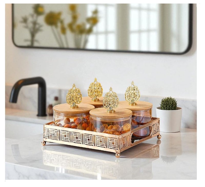 E - Ezra Diwali Serving Tray Dry Fruit, 4 pcs Glass Container Serving Tray Set | 600 ML Each Premium Design Air-Tight Lid Snack Organizer Tray Copper Stand Wooden Lid - Image 5