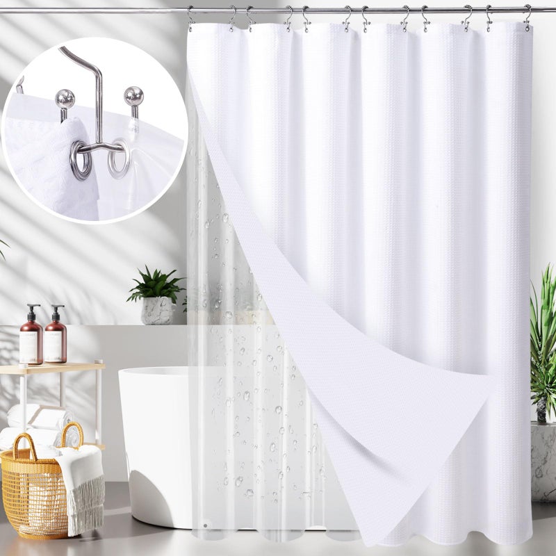LaCyan 3 in 1 Waterproof Waffle Weave Shower Curtain and Clear Liner Set with 12 Stainless Steel Hooks Double Sided for Bathroom 72 Inches Heavy Duty Polyester Fabric Shower Curtains 72x72 - Image 1