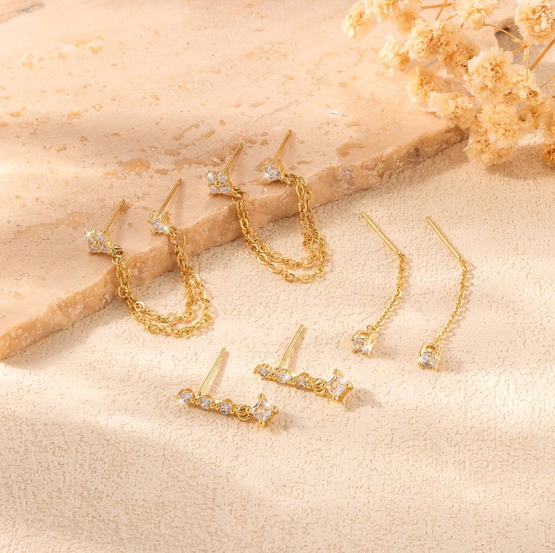 Robaice Dangle Earrings for Women, 14K Gold Plated Dainty Chain Earrings for Women Trendy Hypoallergenic Hoop CZ Stud Earring Stacks Set Jewelry Gift - Image 5