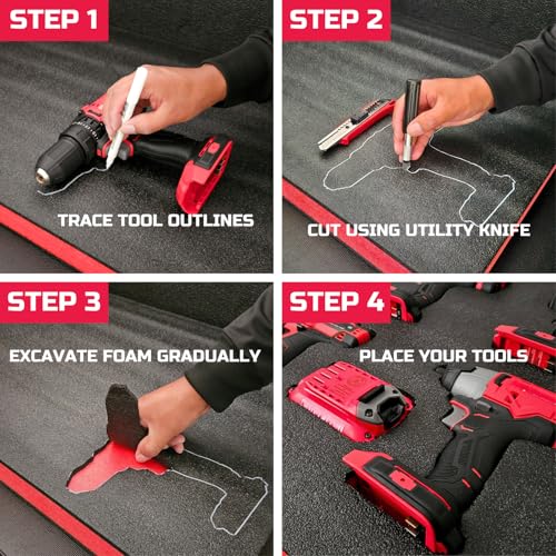 ONREVA Tool Box Foam 16x12x2 inch 3Pack, Foam Inserts for Cases, Polyethylene Storage Sheets for Toolbox Hard Case, Tool Shadow Insert, Kaizen Organizer Sheet, Black with Red - Image 4