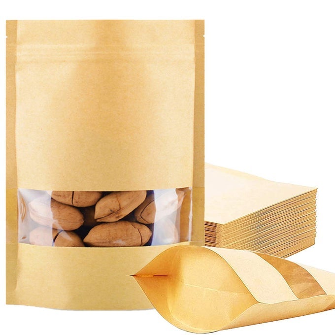 100 PCS RESEALABLE STAND UP KRAFT PAPER BAGS WITH WINDOW FOR PACKAGING PRODUCTS REUSABLE ZIP LOCK FOOD STORAGE POUCH BAGS 67 X 94