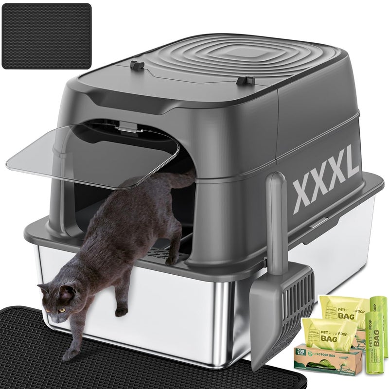 KMNSUN XXXL Jumbo Stainless Steel Litter Box with Lid, 26" L x 18" W x 17" H Extra Large Stainless Steel Litter Box, 400 Count Cat Poop Bags + Cat Litter Mat,Non-Sticky, Anti-Leakage, Easy to Clean - Image 1