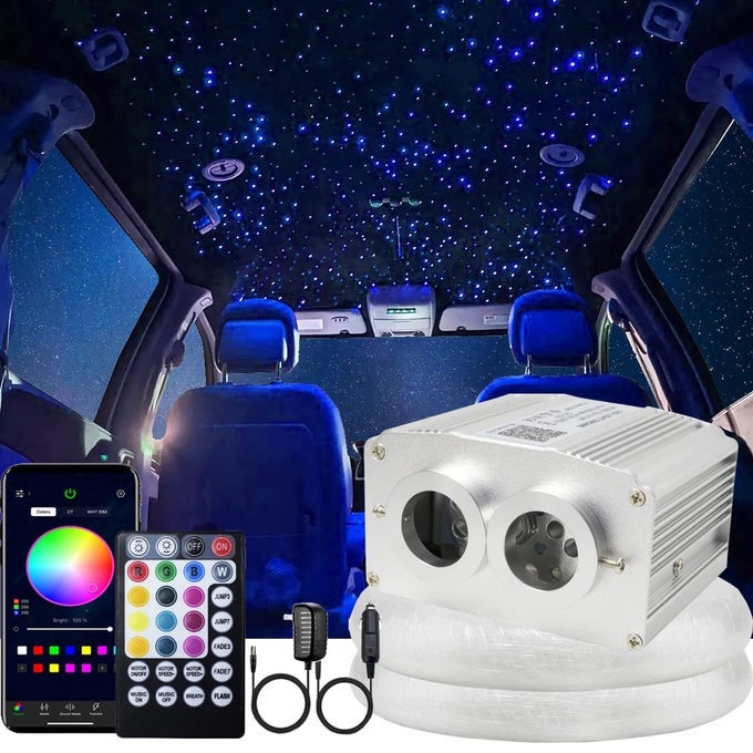 DUAL PORT 16W TWINKLE BLUETOOTH FIBER OPTIC LIGHTS STAR CEILING LIGHT KITS MIXED860PCS131FT FIBERS STRANDS SOUND ACTIVATED RGBW APPREMOTE LIGHT ENGINE FOR CAR HOME STARLIGHT HEADLINER DECOR