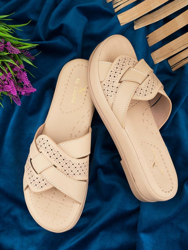 XE Looks Sleek Dark Cream Slip-On Sandals - Cross-Strap Perforated Comfort - Image 2