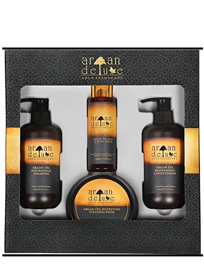 أرغان ديلوكس مجموعات العناية بالشعر الفاخرة من المغربية من ارجان ديلوكس، شامبو وبلسم مغذي مع قناع غني بالمغذيات وسيروم زيت - مجموعات للهدايا من 4 قطع - Image 3
