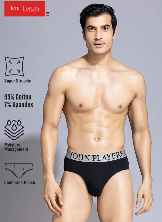 John Players Black Comfort Fit Briefs with Logo Print waistband