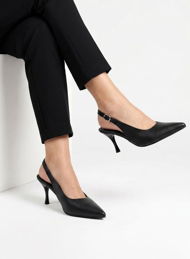 ICE CLUB Women's Pointed Toe Slingback Heel – Pebble-Grain Textured with Adjustable Ankle Strap - Image 1