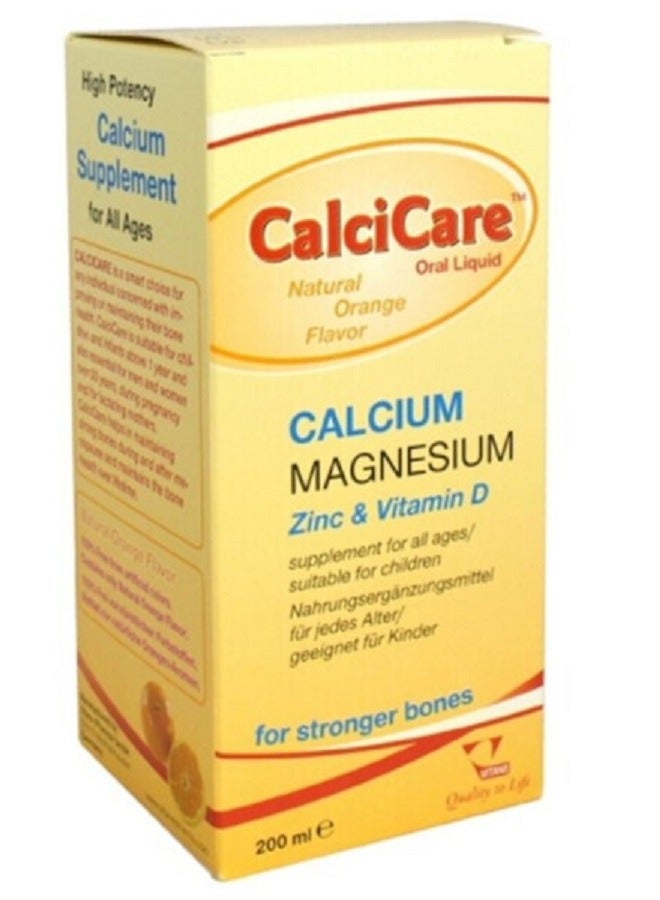 CalciCare Liquid Calcium Magnesium Zinc & Vitamin D Supplement for Bone Health Natural Orange Flavor 200ml