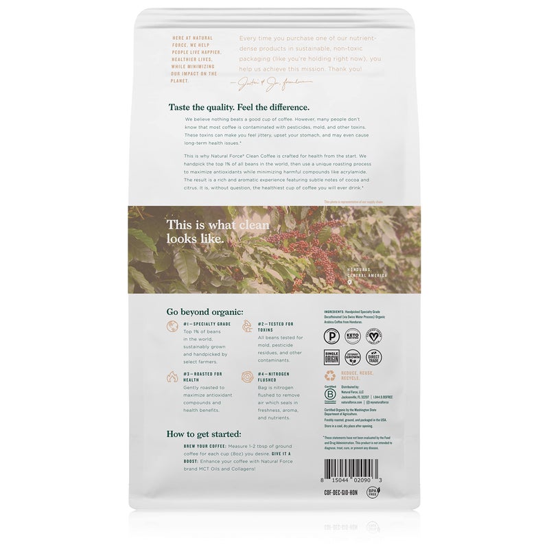 Natural Force - Organic Clean Decaf Coffee, Mold & Mycotoxin Free, Lab Tested for Toxins & Purity, Low Acidity, Incredible Taste & Aroma, Ground Swiss Water Decaf Medium Roast, 10 oz - Image 2