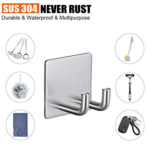 Jutoe Adhesive Hooks Razor Holder Heavy Duty Wall Hooks Stainless Steel Waterproof Hanger For Kitchen Bedroom Bathroom,Stick on Hook Antiskid Hangers Double Hanging Towel Robe Coat Key Brushed Nickel 2-Pack - Image 5
