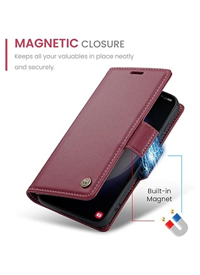 Generic - Samsung Galaxy S24 Wallet Case - Premium PU Leather Magnetic Flip Folio with RFID Blocking, Credit Card Slots, Kickstand, and Shockproof Protection - Wine Red - Image 1