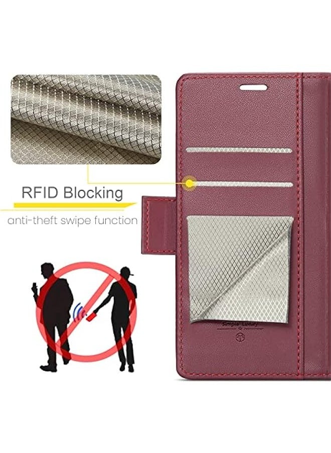 Generic - Samsung Galaxy S24 Wallet Case - Premium PU Leather Magnetic Flip Folio with RFID Blocking, Credit Card Slots, Kickstand, and Shockproof Protection - Wine Red - Image 1