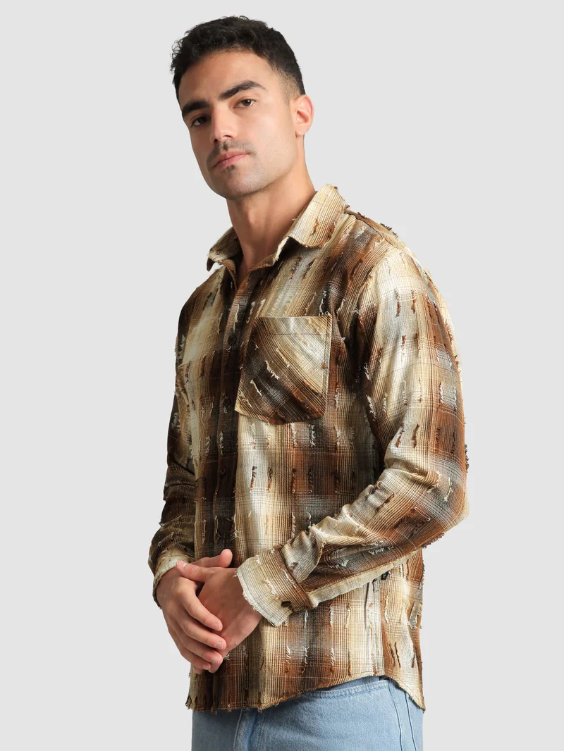 Beyoung Brown Frayed Check Shirt