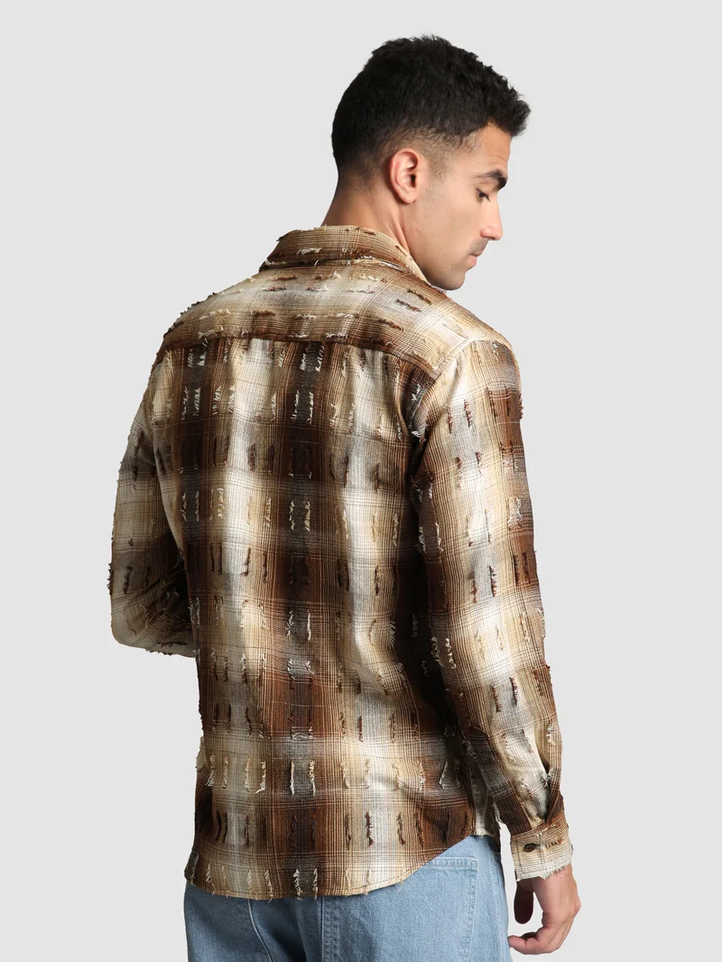 Beyoung Brown Frayed Check Shirt