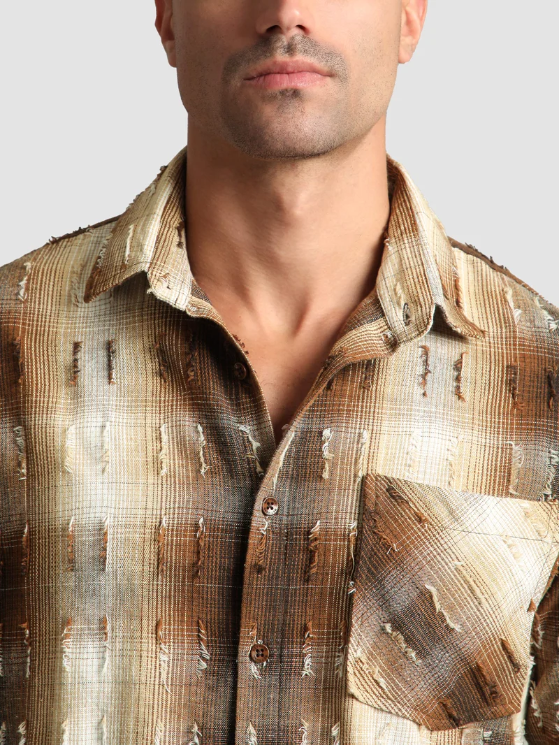Beyoung Brown Frayed Check Shirt