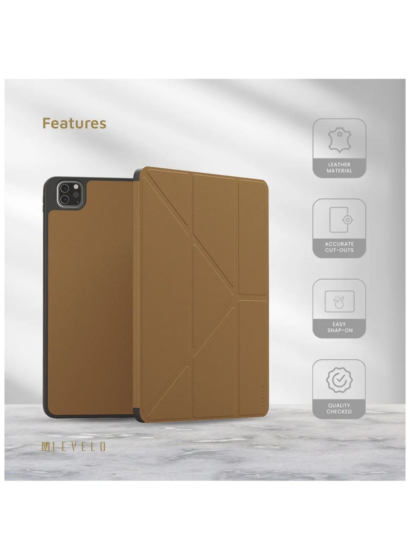 LEVELO iPad Pro 11inch Case Elegante Hybrid Leather Back Cover / Horizontal Stream Your Online Movie / Vertical For Video Call Or Reading / 3FT Drop Tested / Shock Absorbent Bumper Case / Flat Lay for Typing and Work - Brown  - Image 4
